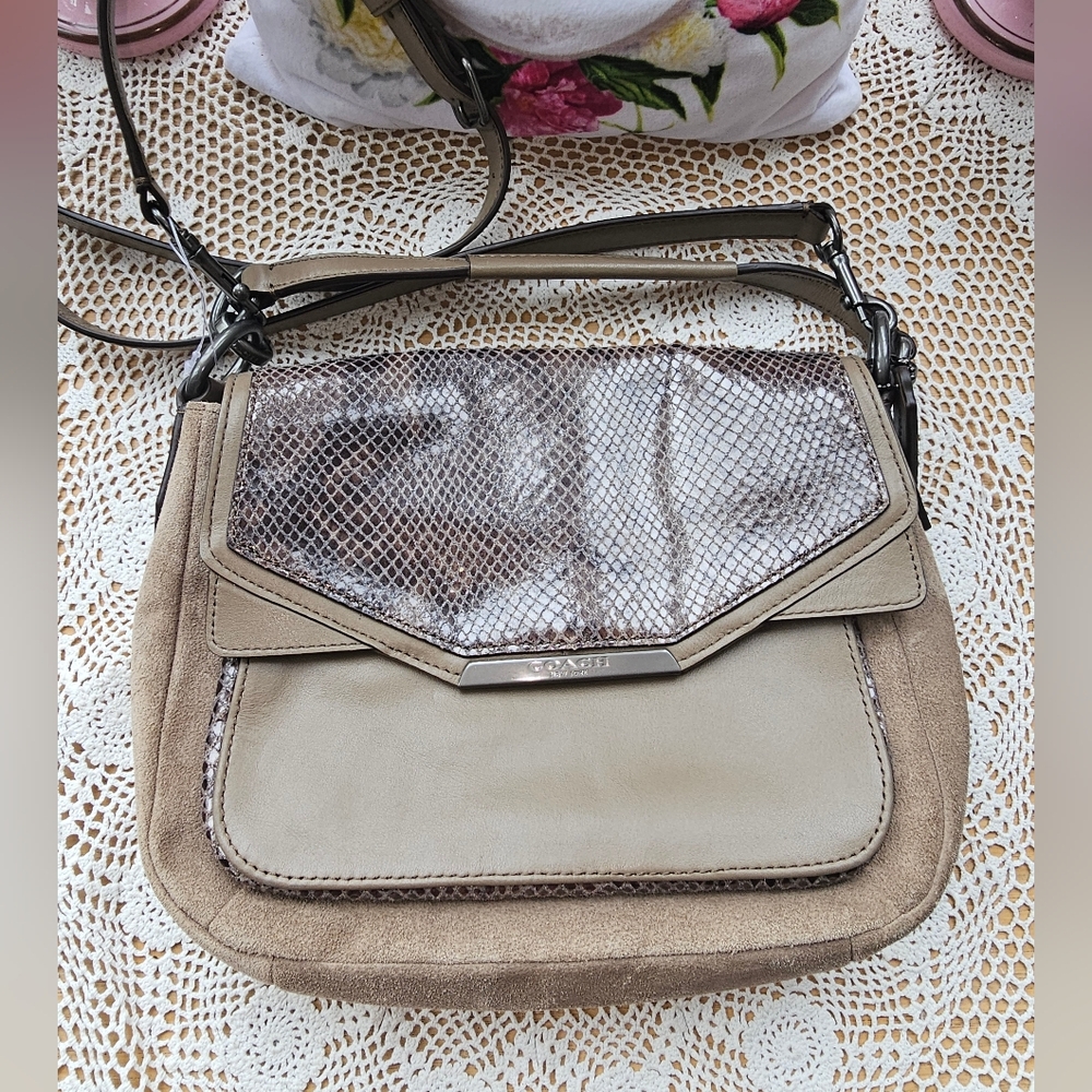 COACH TAYLOR SUEDE EXOTIC PYTHON MEDIUM FLAP CROSSBODY - BRONZE F33396